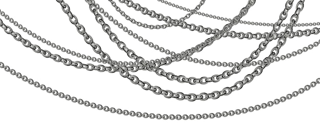 A row of silver chains are shown on a white background.