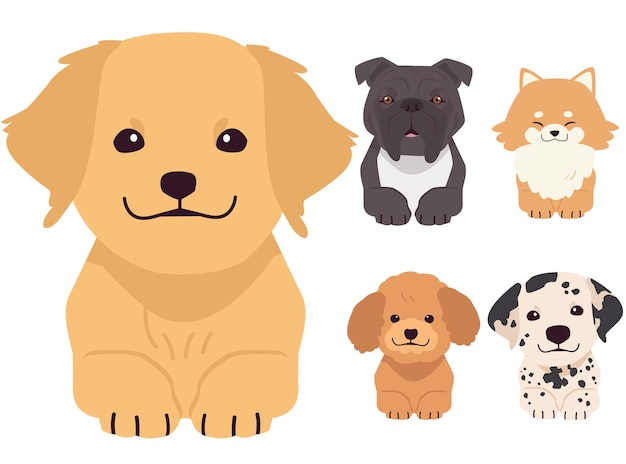 Ряд вершин голов собак с поднятыми лапами, выглядывающими из-за иллюстрации кавайской собаки и домашнего животного