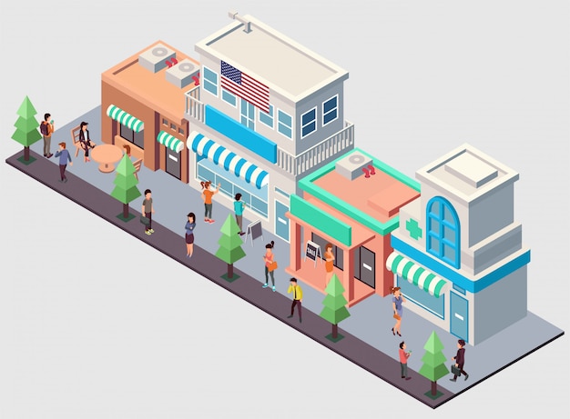 Vector a row of various stores isometric illustration