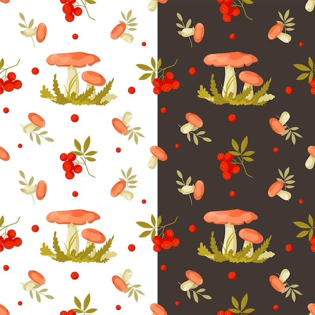 Rowan and mushrooms vegetal seamless pattern