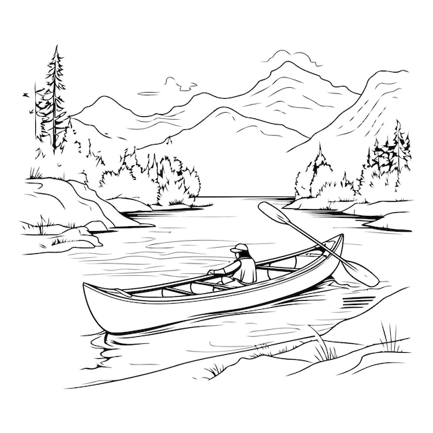 Rowing boat on the lake Hand drawn sketch