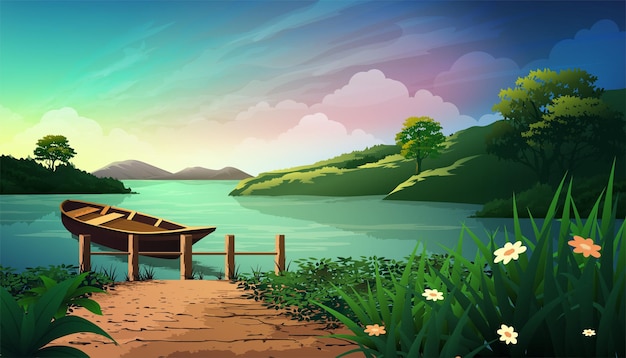 Rowing boats or canoes at a pier at beautiful sunset Lake vector background