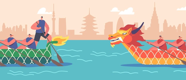 Rowing competitions sport athletes swim on dragon boats two teams of men athletes in sportswear compete for victory