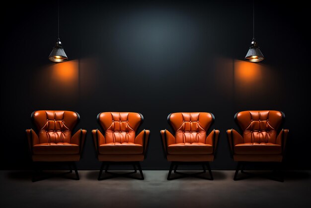 rows of brown leather armchairs in an empty cinema hall in a movie theater Stage lights Studio