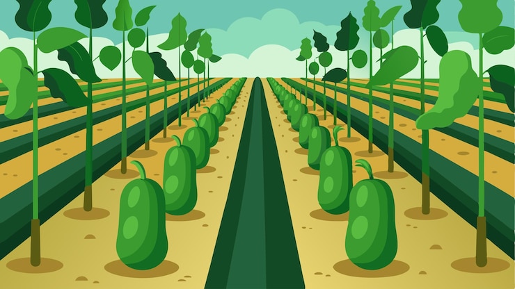 Vector the rows of cucumber plants normally overflowing with plump green vegetables were instead sp and