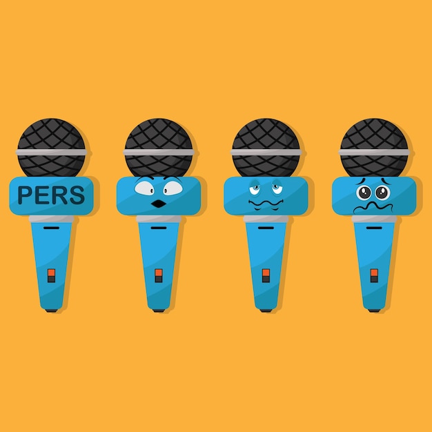 Rows of microphones with press writing on them and some expressions