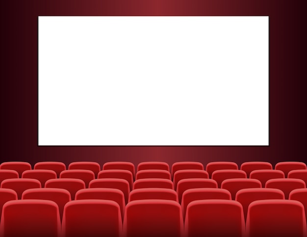 Ряды красных сидений перед белым пустым экраном