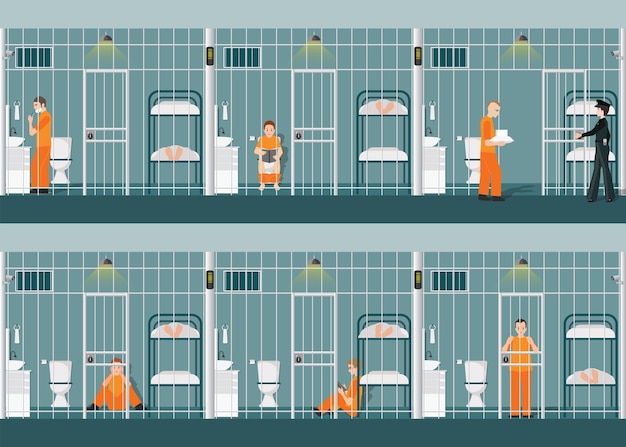 Vector rows of prison cells with life in jail