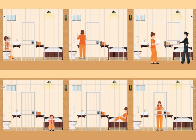 Vector rows of prison cells with life of women in jail