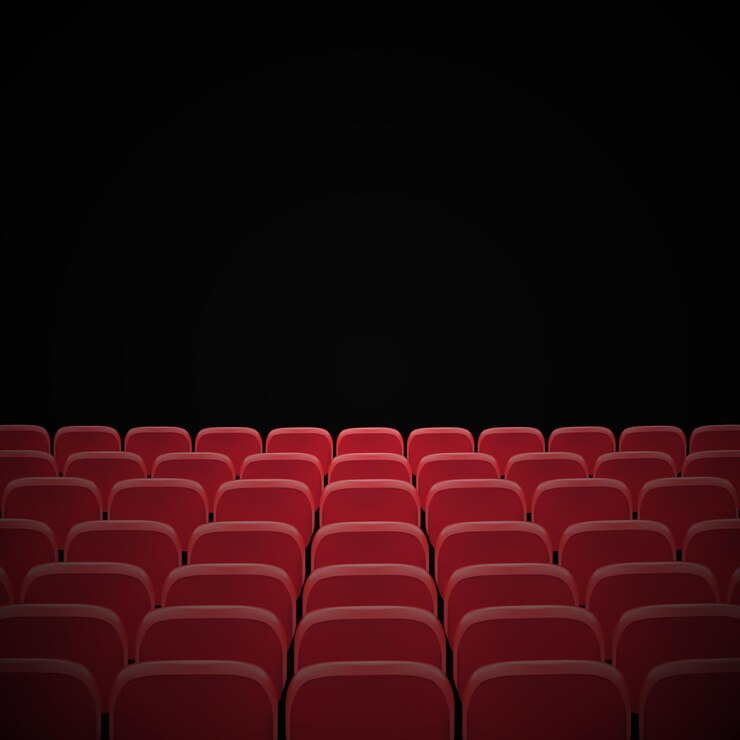 Vector rows of red cinema or theater seats in front of screen