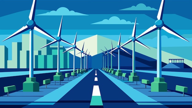Rows of sleek futuristiclooking wind turbines are positioned strategically throughout a