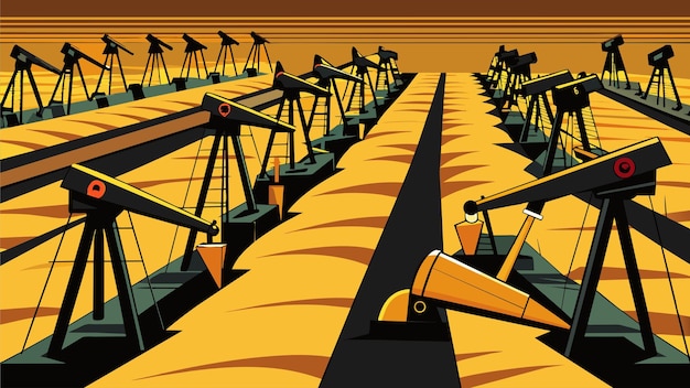 Vector rows upon rows of mechanical pumpjacks stretching as far as the eye can see extracting black gold