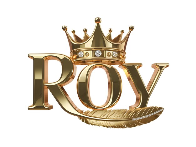 Vettore nome roy logo design nome roy in carattere elegante corona d'oro con piuma formato vettoriale