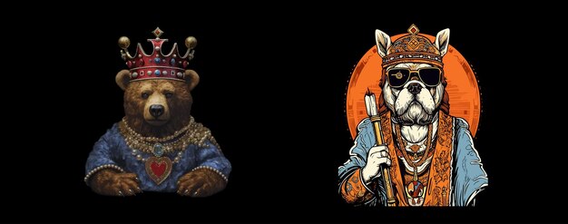 Vector royal bear and dog in regal attire majestic animals crowned and adorned symbolizing power and loyalty in a dark