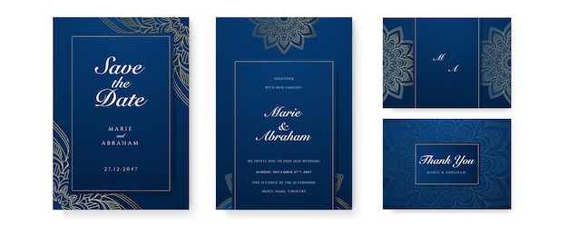 黄金の曼荼羅と抽象的なパターンを持つロイヤル ブルーの結婚式招待状カードのデザイン