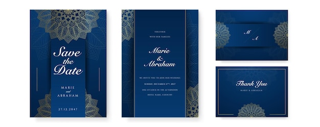 Royal blue wedding invitation card design with golden mandala and abstract pattern