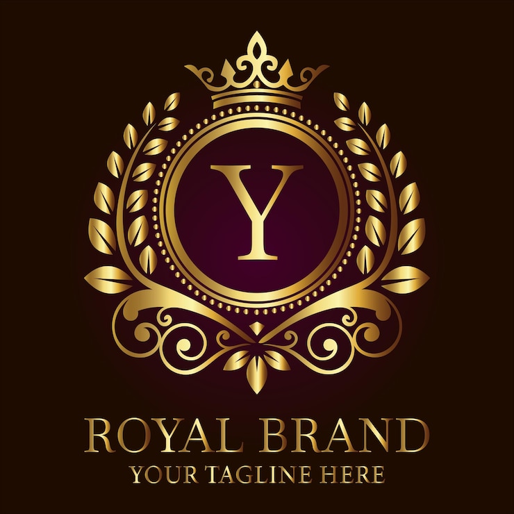 Vector royal brand luxury logo with golden crown laurel wreath and elegant letter y design