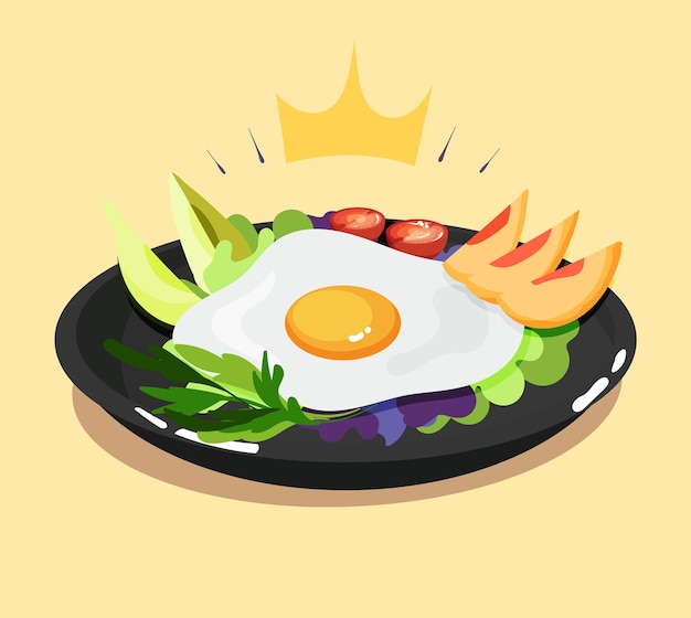 Royal breakfast fried scrambled egg omelette with vegetables and fruits cartoon