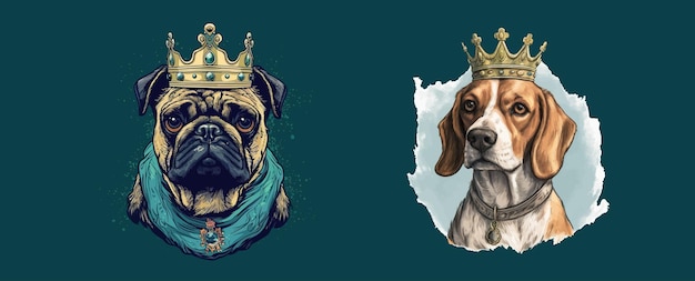 Royal Canine Majesty Artistic Illustration of a Pug and Beagle Adorned with Regal Crowns and Attire Exuding Nobility on a Dark