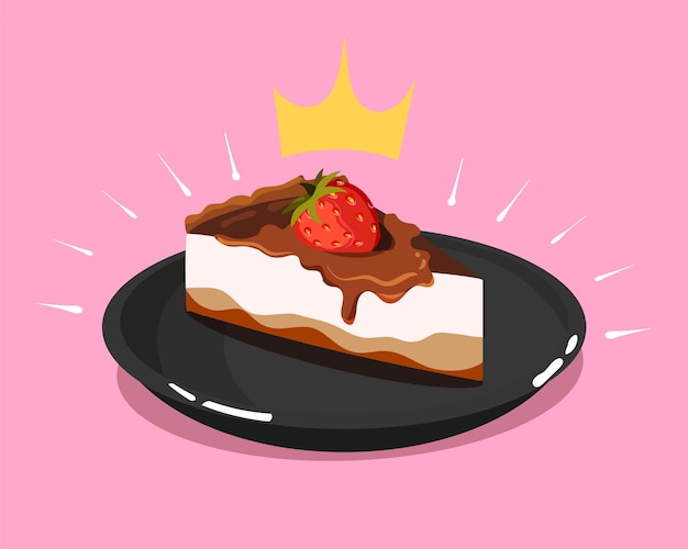 Royal cheesecake with chocolate and strawberries cartoon vector icon illustration