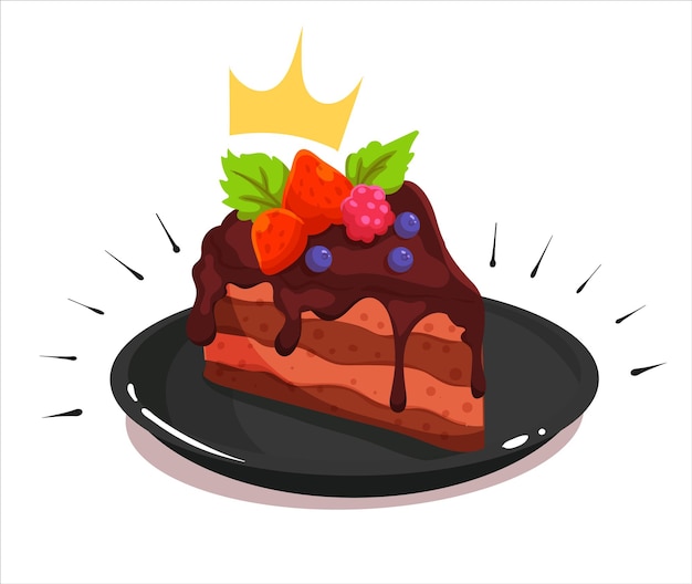 Royal chocolate cake with berries cartoon vector icon illustration