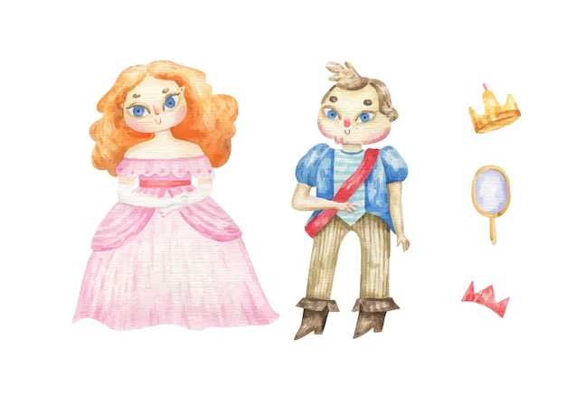 royal clipart with prince and princess Cute childish watercolor illustration of kings