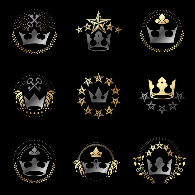 Royal Crowns emblems set. Heraldic Coat of Arms decorative logos isolated vector illustrations collection.