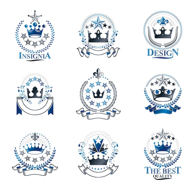 Набор эмблем королевских корон. Декоративные логотипы геральдического герба изолировали коллекцию векторных иллюстраций.