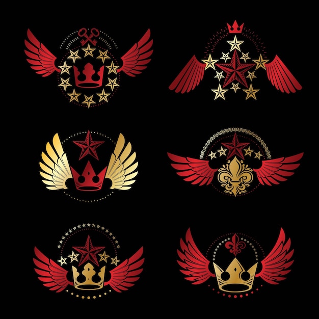 Royal Crowns and Vintage Stars emblems set. Heraldic vector design elements collection. Retro style label, heraldry logo.