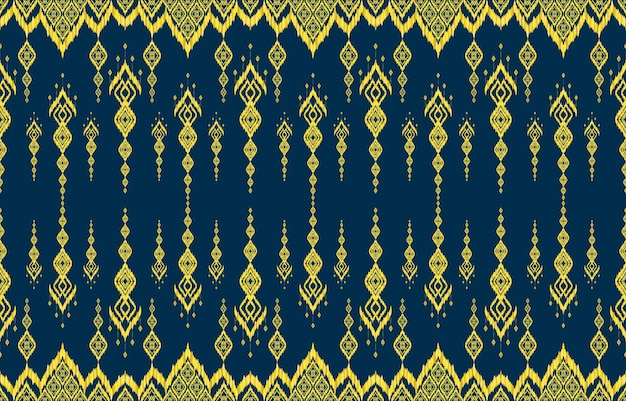 Royal elegante bagliore di colore giallo dorato ikat motivi geometrici senza cuciture su sfondo blu navy.