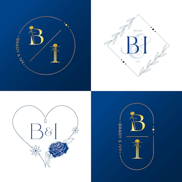 Royal gold and blue letter B and I wedding monogram set