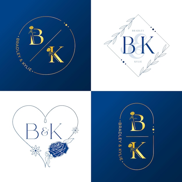 Vector royal gold and blue letter b and k wedding monogram set
