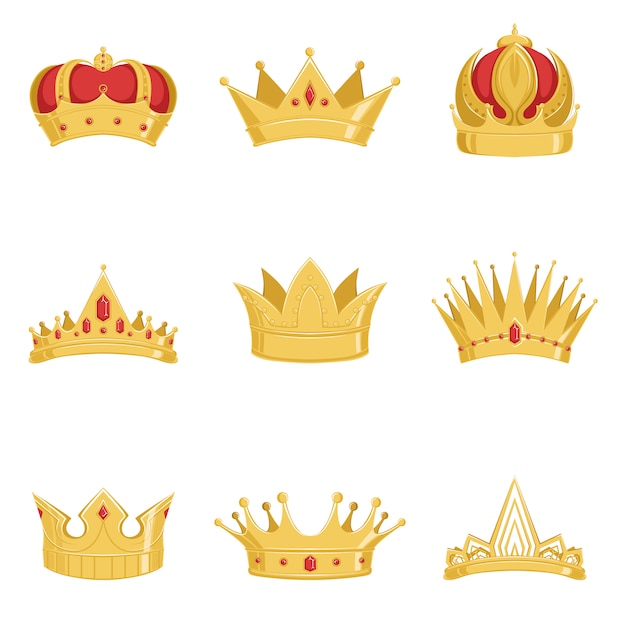 Set di corone d'oro reali, simboli del potere del re e della regina illustrazioni su sfondo bianco