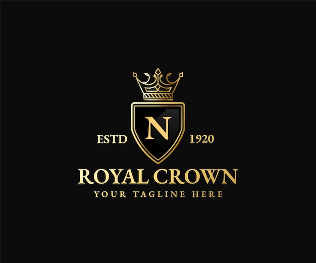 Vector royal gouden schild kroon koning koningin logo sjabloon majestueuze kroon en luxe tiara silhouet