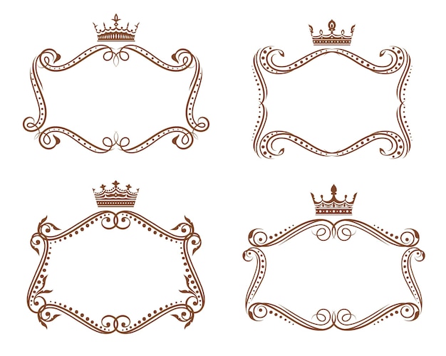 Royal heraldic frames and borders with crowns and floral elements, heraldry. vintage vignettes of brown victorian flourishes, leaf scrolls and vine swirls, topped by crowns with fleur-de-lis