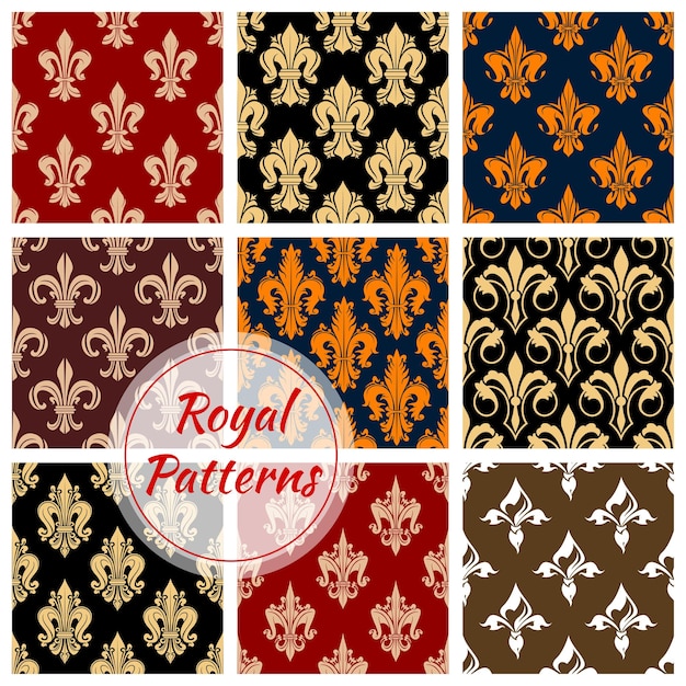 Royal patterns set of heraldic fleur-de-lis lily. Flowery ornate seamless background. Vector heraldic fleur-de-lys ornament tile. Flourish embellishment backdrop and ornamental tracery design