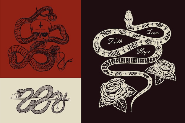 Pitone reale con teschio, serpente del latte con rose, rettile con spada, modello di vipera velenosa per poster o tatuaggio, vecchio schizzo vintage disegnato a mano inciso per maglietta o logo