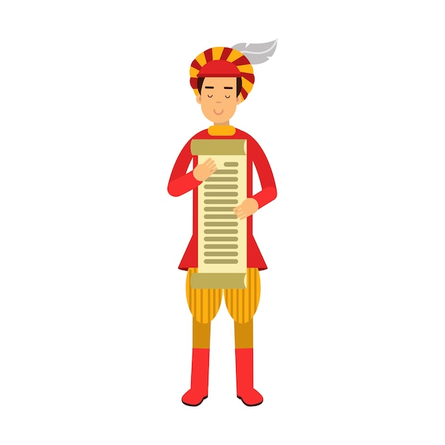 Vector royal scribe medieval character holding a scroll, colorful vector illustration on a white background