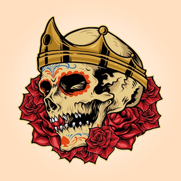 Royal skull king crown con rose illustrations vector mascot logo