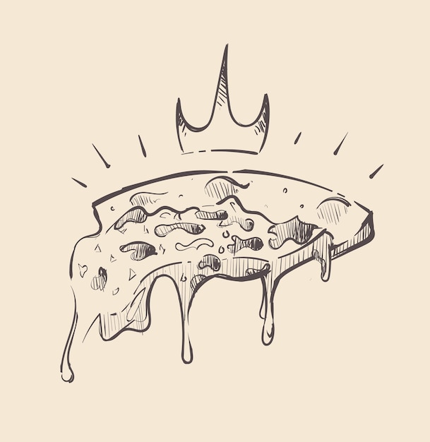 A royal slice of pizza with a dangling stretch of cheese sketch