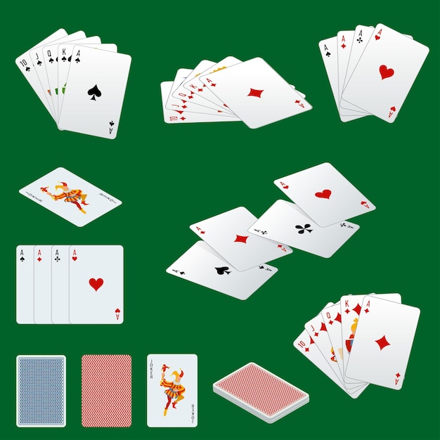 Vettore una mano di poker di carte da gioco scala reale reale nei cuori. set di carte da poker. set di carte da gioco