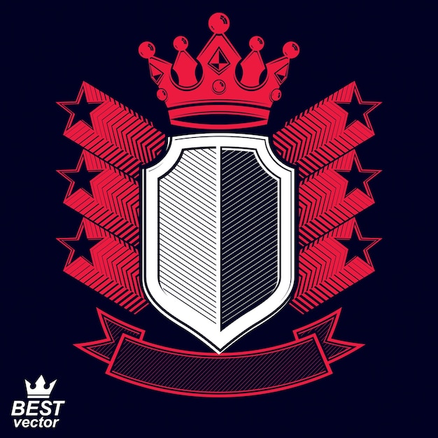 Royal stylized vector graphic symbol. Shield with 3d stars and decorative red ribbon. Clear eps8 coat of arms – military and protection idea.