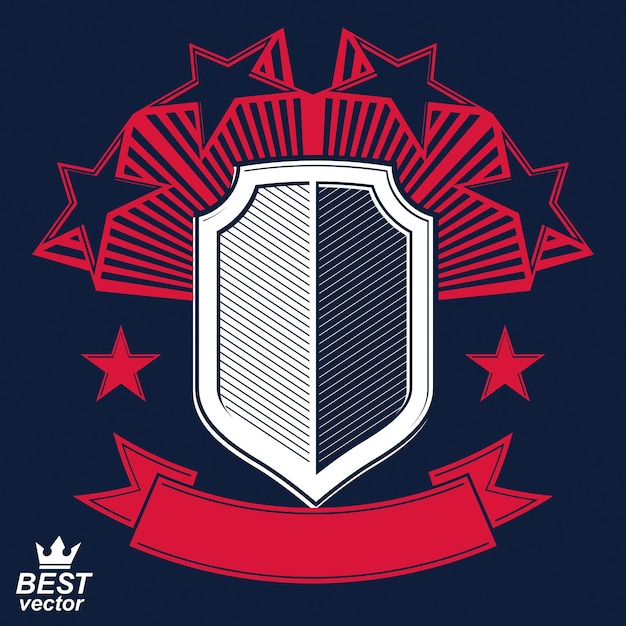 Vector royal stylized vector graphic symbol. shield with 3d stars and decorative red ribbon. clear eps8 coat of arms – military and protection idea.