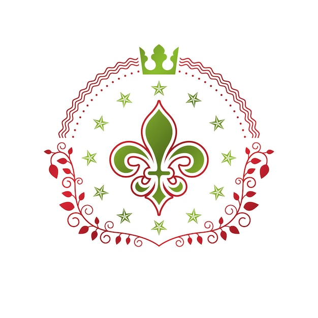キングクラウンで構成されたロイヤルシンボルリリーフラワーグラフィックエンブレム。紋章のベクトルのデザイン要素。レトロなスタイルのラベル、紋章のロゴ。