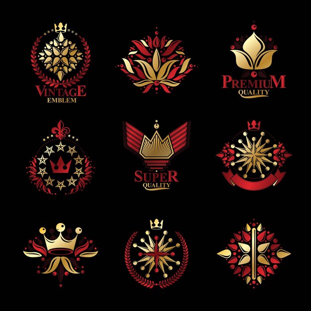 왕실의 상징, 꽃, 꽃, 왕관, 엠블럼 세트. 전 령 벡터 디자인 요소 컬렉션입니다. 레트로 스타일 레이블, 문장 로고.