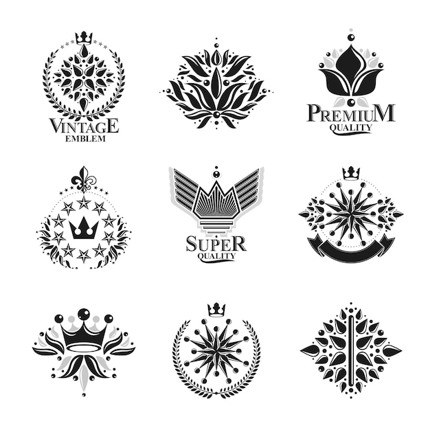 royal symbols, flowers, floral and crowns, emblems set. heraldic vector design elements collection. retro style label, heraldry logo.