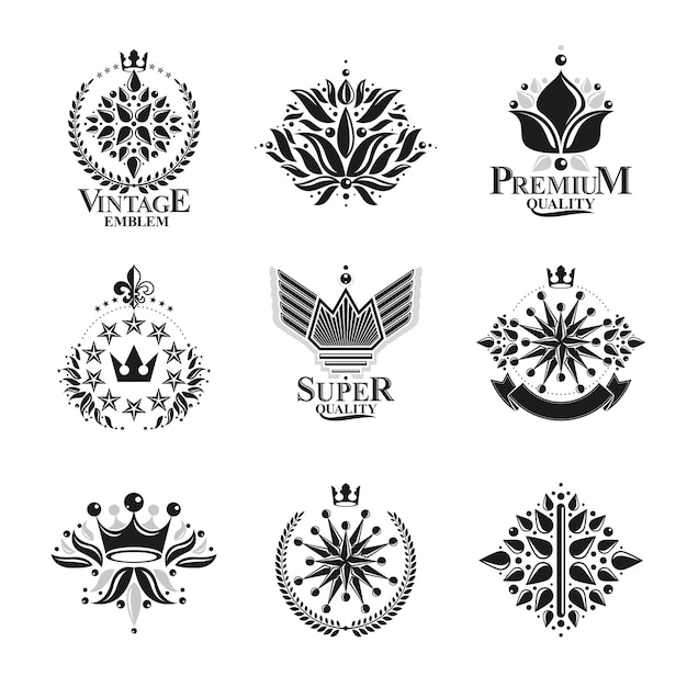 Royal symbols, flowers, floral and crowns, emblems set. heraldic vector design elements collection. retro style label, heraldry logo.