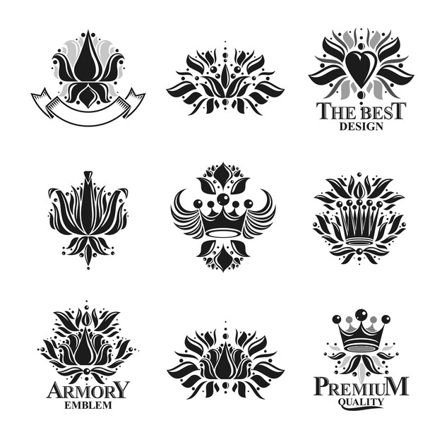 Royal symbols, Flowers, floral and crowns, emblems set. Heraldic vector design elements collection. Retro style label, heraldry logo.