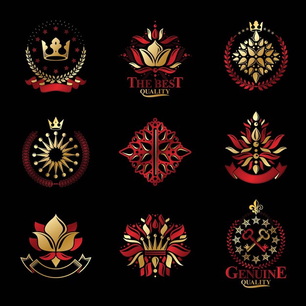 Vector royal symbols, flowers, floral and crowns, emblems set. heraldic vector design elements collection. retro style label, heraldry logo.