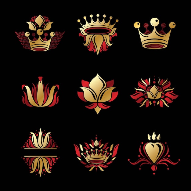 Royal symbols, Flowers, floral and crowns, emblems set. Heraldic vector design elements collection. Retro style label, heraldry logo.